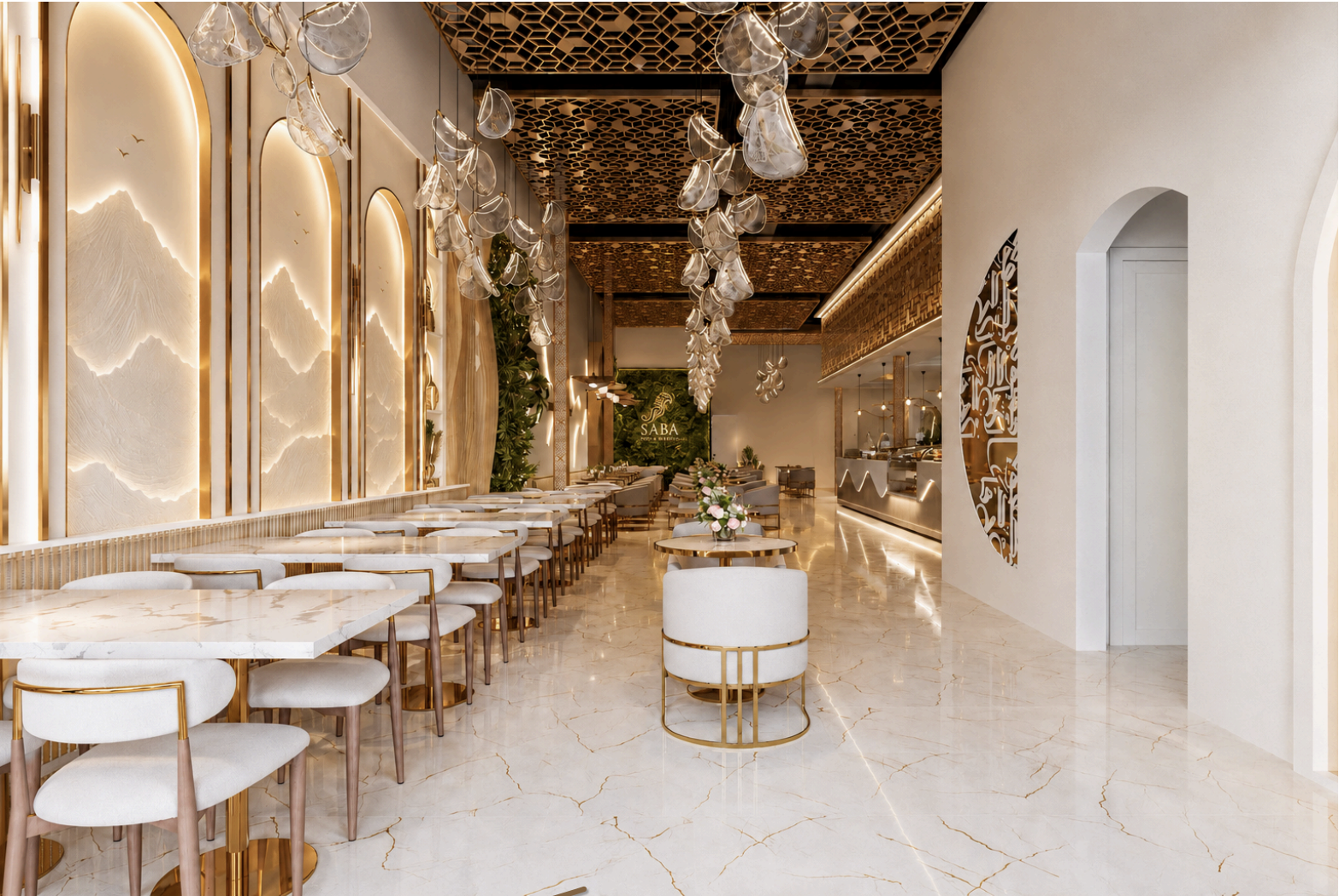 Saba cafe gallery corridor with backlit arched stone panels, marble tables, and a glossy gold-veined marble floor
