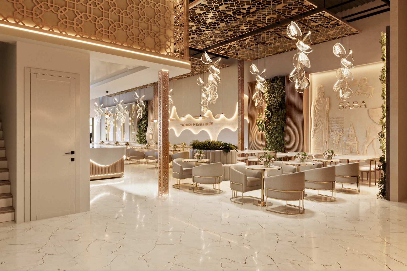 Saba lounge seating beneath a carved relief wall of ancient Sabaean figures and the Tradition in Every Brew sign